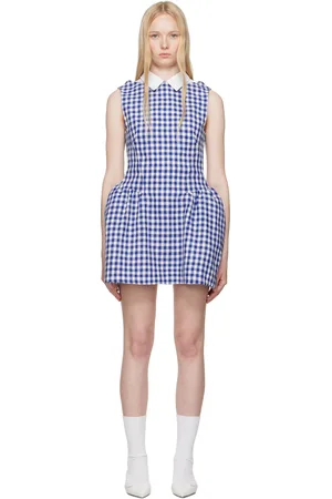 Shushu/Tong Blue & White Shirtneck Patchwork Sleeveless Minidress
