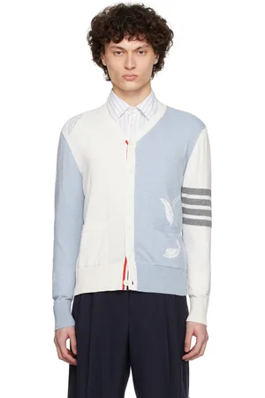 Thom Browne Off-White & Blue Feather High V-Neck Cardigan