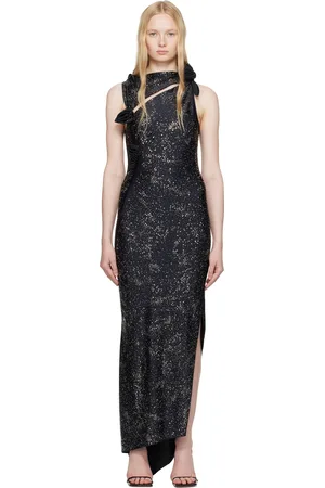 COPERNI Black Crystal-Embellished Asymmetric Flower Maxi Dress
