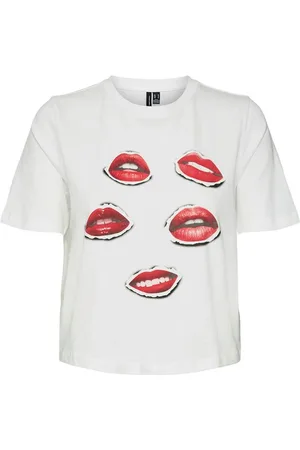 VERO MODA T-shirt til Kvinder Melena Snehvid/Røde Læber