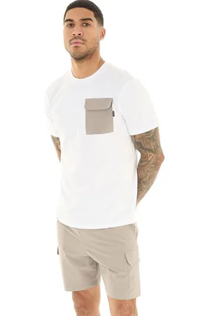 Closure London Herre T-shirt og Shorts Co-ord med Kontrastlomme Hvid/Sand