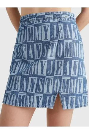 Tommy Hilfiger Kvinder Mønstrede nederdele - Spell Out Print Denim Mini Skirt