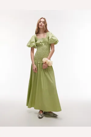 VERO MODA Topshop Puff Sleeve Square Neck Shirred Midi Dress