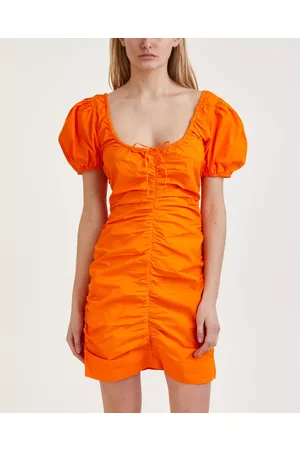 Ganni Dress Cotton Poplin Gathered U-Neck Orange 34