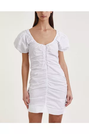 Ganni Dress Cotton Poplin Gathered U-Neck Vit 34