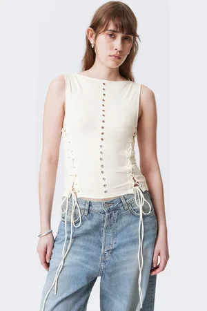 Weekday Sleeveless Lacing Boat-Neck Eyelet Top
